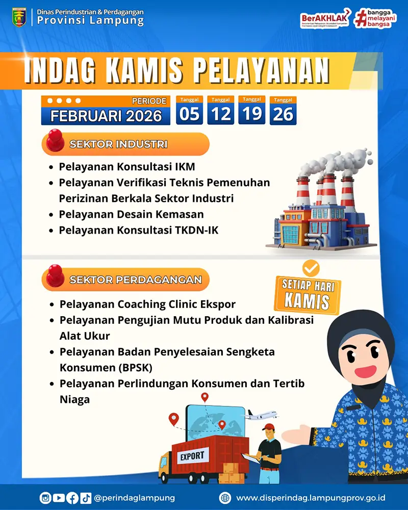 Indag Kamis di Februari 2026 - Layanan Gratis Disperindag Lampung bagi Pelaku Usaha