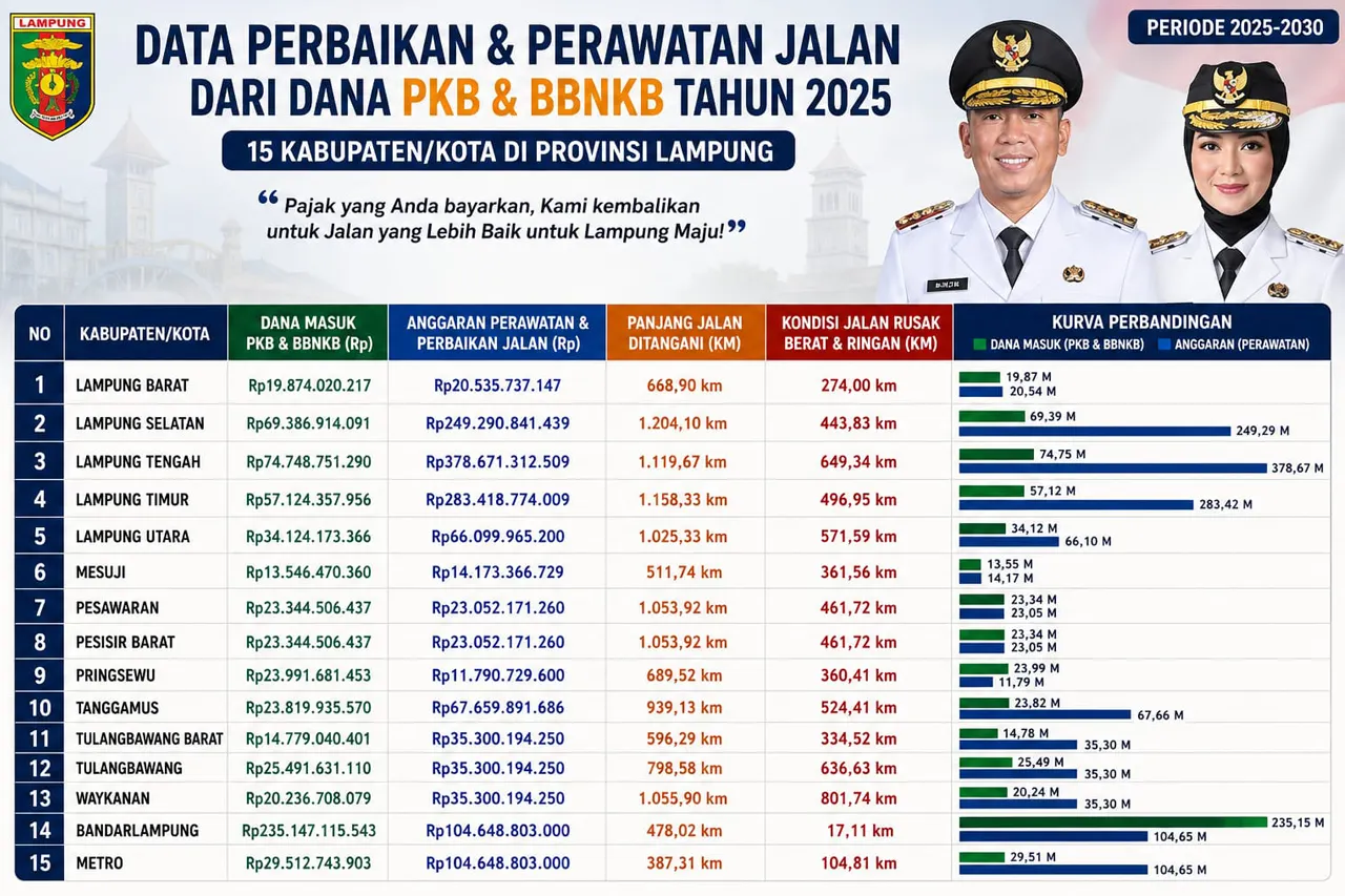Data PKB BBNKB vs Panjang Jalan vs Biaya Perbaikan Jalan Rusak Lampung 2025